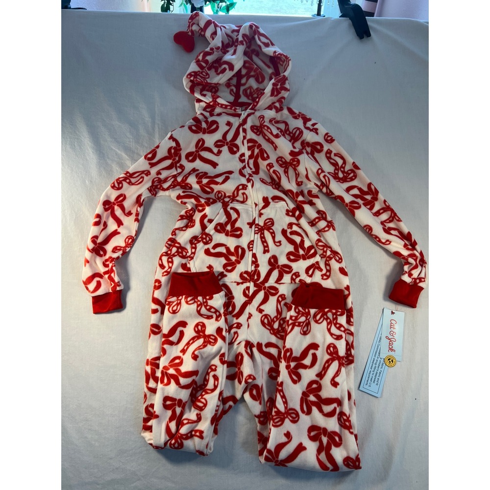 Cat & Jack Girls Red Bow Fleece Hooded Union Suit Pajamas S 6/7 NWT